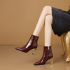 【预售5天】法式尖头高跟短靴女皱漆皮粗跟不累脚显瘦增高侧拉链简约酒红裸靴HY&H3528 商品缩略图3