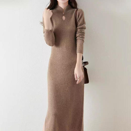 新中式气质国风，时尚开叉打底长裙纯羊毛针织连衣裙Y2470 商品图1