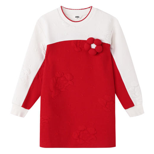 【新年红】女童长袖连衣裙秋新款大童茧型廓形时尚撞色直筒裙安奈儿童装EG313011 商品图0