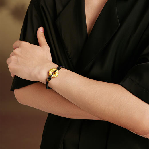 周六福黄金手链男定价足金祥云纹平安扣玛瑙黑色手绳编织礼物官方 商品图4