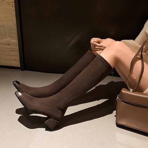【预售7天】铁头粗跟弹力长筒靴秋冬新款女靴韩版时尚后拉链高筒靴单靴SLLK&sl-7775 商品图4