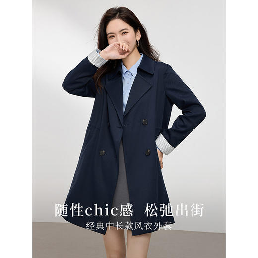【专属特价】熙世界风衣中长款2025春装新款时尚修身宝蓝色双排扣英伦风外套 商品图1