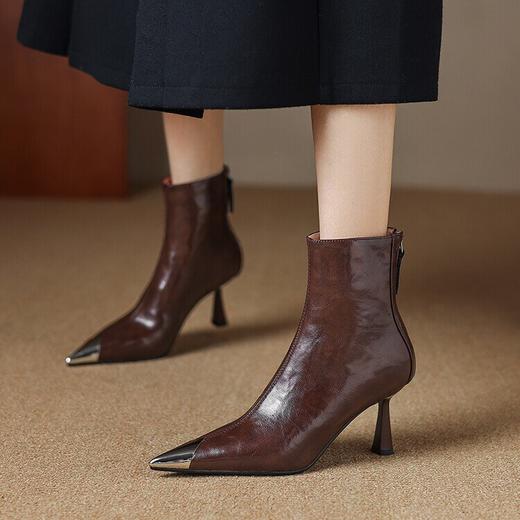 【预售5天】防踢铁头优雅干练牛皮高跟瘦瘦靴细跟金属尖头拼色真皮短靴女SLLK&sl-7791 商品图3
