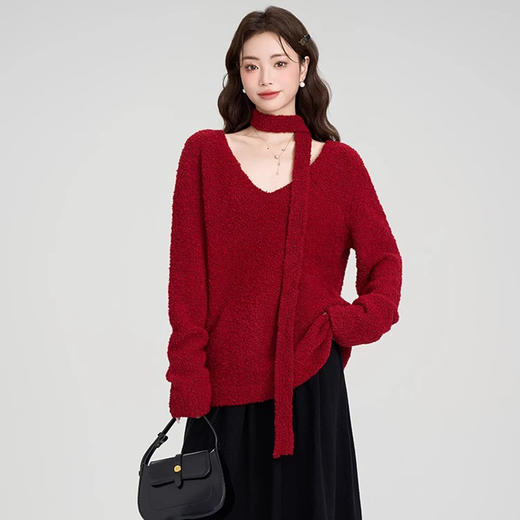 （赠围脖飘带）高级感红色V领毛衣两件套 | 软糯圈圈纱 慵懒显瘦 显白衬肤 宽松长袖针织衫 商品图0