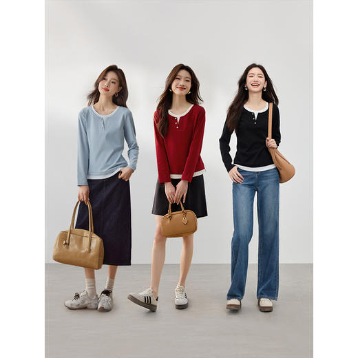 【周四狂欢价】熙世界假两件正肩长袖t恤春季2025年新款撞色圆领修身体恤上衣 商品图4