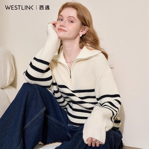 慵懒风黑白条纹拉链翻领毛衣女秋冬保暖针织衫上衣V4443592 商品图1