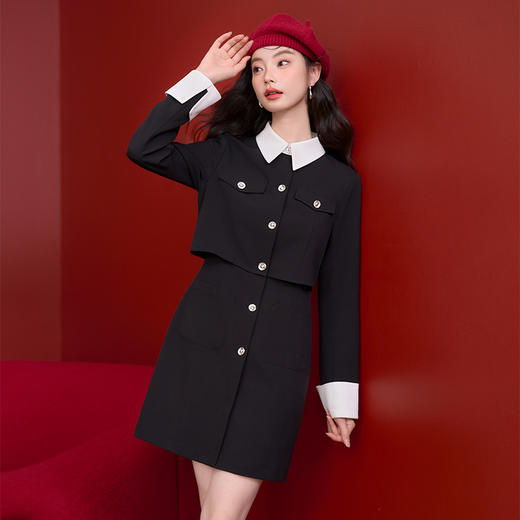 轻奢优雅假两件撞色翻领小香风连衣裙女千金风短裙V0250067 商品图3