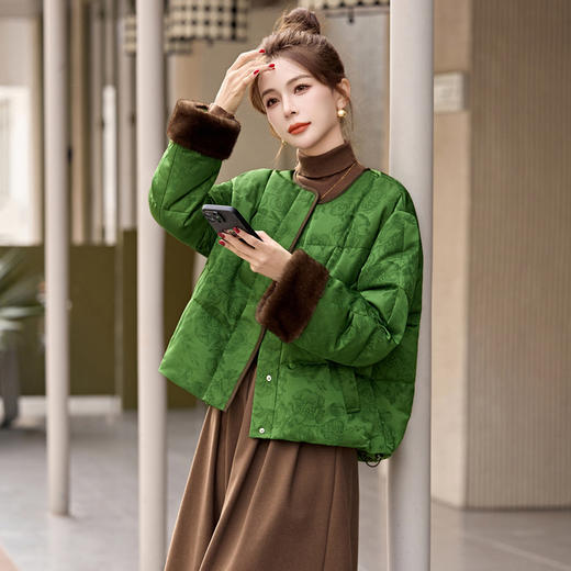 新中式国风羽绒服冬季小个子显瘦复古提花拼接白鸭绒加厚外套MEIQIN9529-1 商品图3