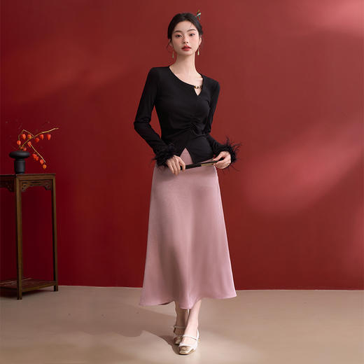 新中式国风暗纹提花长袖T恤女捏褶收腰拼接毛圈上衣V0150113 商品图1