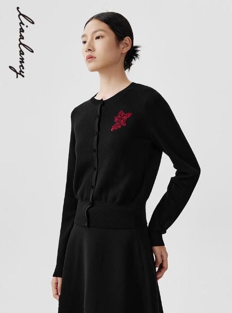 朗姿 刺绣显瘦羊毛针织开衫短薄时尚高级气质上衣LAEK00KCD404B11 商品图0