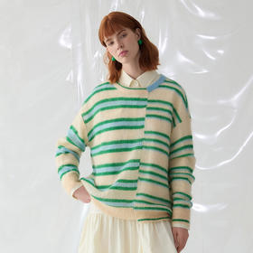 谜底圆领套头针织衫长袖2025春新品蓬松条纹宽松毛衫女251MZ0392