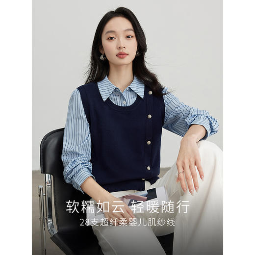 【五折购】熙世界设计感假两件条纹衬衫POLO领拼接针织上衣2025春秋新款 商品图1