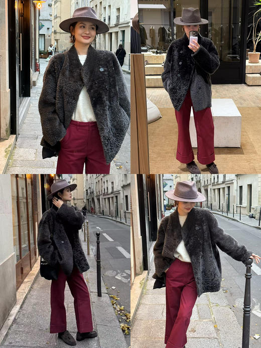 HIDEMI 进口胎羔羊皮毛一体双排扣经典款廓形极简设计感皮草大衣皮衣 商品图2