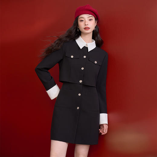 轻奢优雅假两件撞色翻领小香风连衣裙女千金风短裙V0250067 商品图1