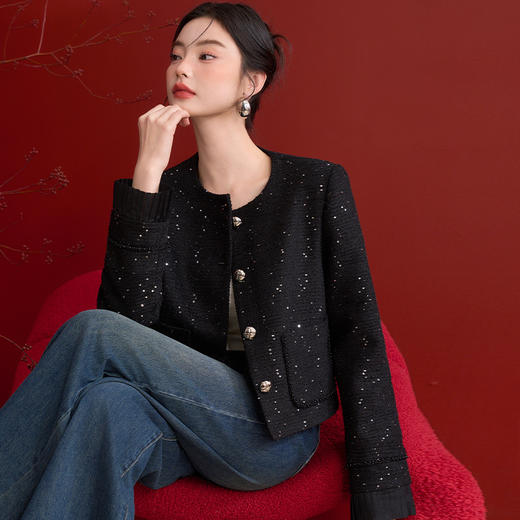 名媛千金风亮片细闪小香风外套女毛边圆领上衣V0150151 商品图3