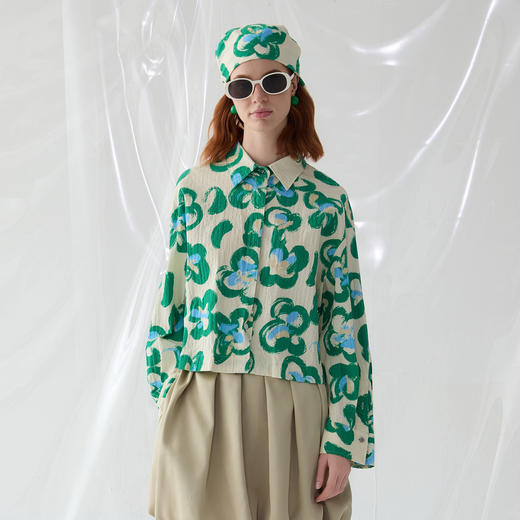 谜底花色衬衫长袖女2025春季新品花卉印花俏皮短款衬衣251MC0122 商品图0