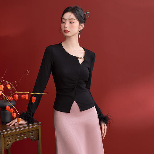 新中式国风暗纹提花长袖T恤女捏褶收腰拼接毛圈上衣V0150113 商品图4