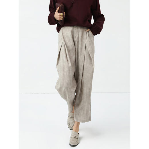 COCOBELLA质感亚麻打褶锥腿裤女25春夏利落九分休闲裤PA7047 商品图2