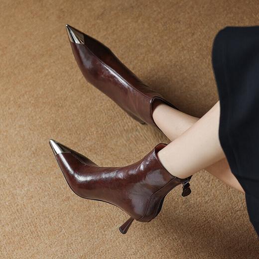 【预售5天】防踢铁头优雅干练牛皮高跟瘦瘦靴细跟金属尖头拼色真皮短靴女SLLK&sl-7791 商品图4