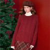 西遇红色麻花套头毛衣女冬季新款穿搭蕾丝假两件针织衫D0044201 商品缩略图1