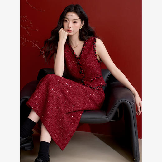 优雅复古小香风细闪半身裙女显瘦直筒裙V0150050 商品图3
