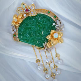 龢盒原创 18k金镶老翡翠蝶恋花大吊坠