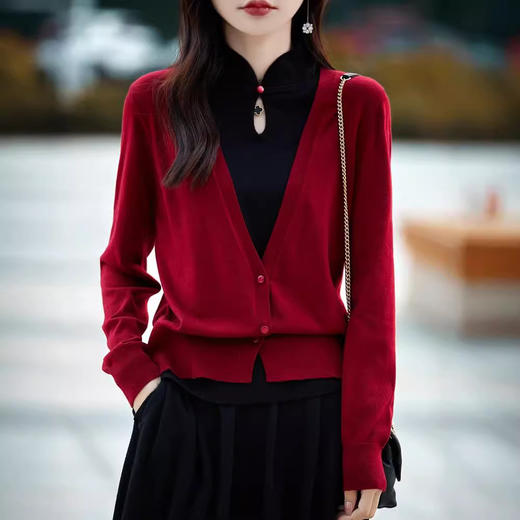 中国风假两件羊毛开衫，旗袍领针织套头毛衣中式盘扣羊绒打底外套NS3170 商品图0