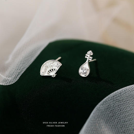 【敦煌折扇琵琶纯银耳钉】敦煌小众琵琶扇子新中式耳钉女时尚气质民族风耳饰耳骨钉国风 商品图6