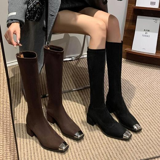 【预售7天】铁头粗跟弹力长筒靴秋冬新款女靴韩版时尚后拉链高筒靴单靴SLLK&sl-7775 商品图2