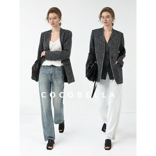 COCOBELLA轻奢撞色镶边毛边西装秋冬无领休闲西服外套SI3033 商品图2