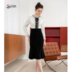 司歌缎面拼接针织连衣裙长袖秋收腰优雅A901198X