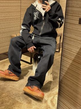 驴家 黑棋盘牛仔直筒长裤（JN）