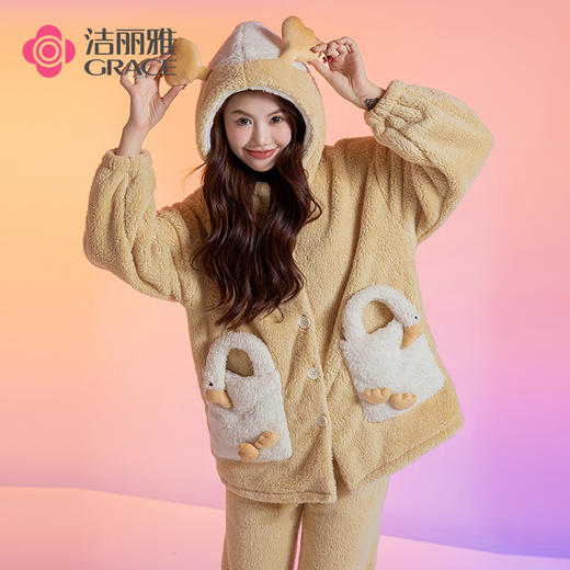洁丽雅新款正品半边绒家居服甜美少女柔软舒适蓄热保暖睡衣套装女 商品图2