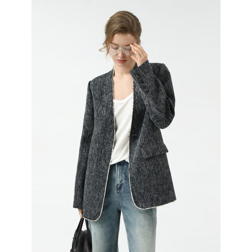 COCOBELLA轻奢撞色镶边毛边西装秋冬无领休闲西服外套SI3033 商品图0