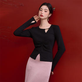 新中式国风暗纹提花长袖T恤女捏褶收腰拼接毛圈上衣V0150113