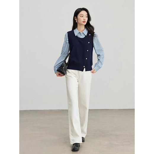 【五折购】熙世界设计感假两件条纹衬衫POLO领拼接针织上衣2025春秋新款 商品图4