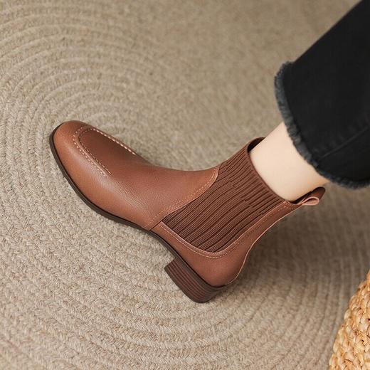 【预售5天】法式弹力袜靴女粗跟气质针织方头短靴新款拼接杏色中跟靴子DPJ&9671 商品图1