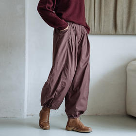 绽放旅行女装816朵/全棉轻薄压褶气球棉裤复古百搭绒毛感休闲裤