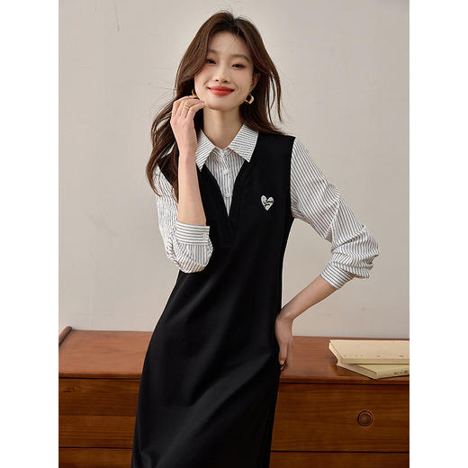 【 1件75折】熙世界2025春新款假两件条纹衬衫领连衣裙女长袖学院风中长裙子 商品图2
