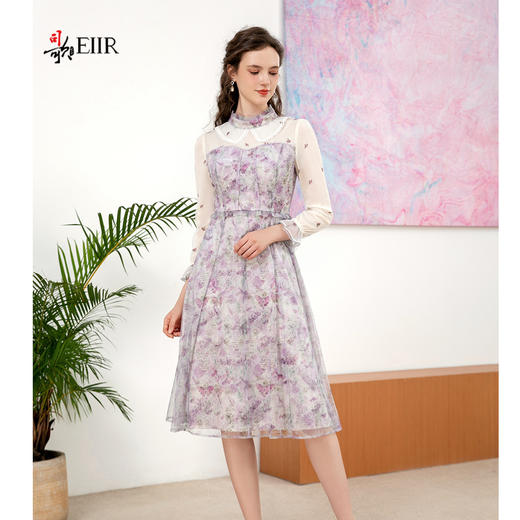 司歌印花网纱长袖连衣裙蕾丝复古温柔A901177X 商品图0