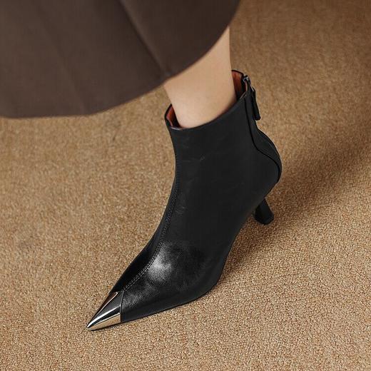 【预售5天】防踢铁头优雅干练牛皮高跟瘦瘦靴细跟金属尖头拼色真皮短靴女SLLK&sl-7791 商品图2