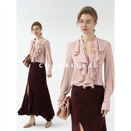 COCOBELLA静奢风荷叶边衬衫女25秋雅致小立领气质衬衣SR0001-2 商品图2