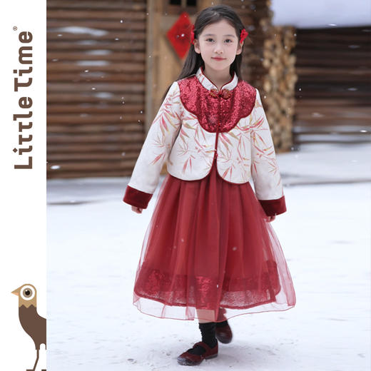 littletime女童秋冬套装2024新款红色新年服中国风棉服纱裙两件套 商品图1