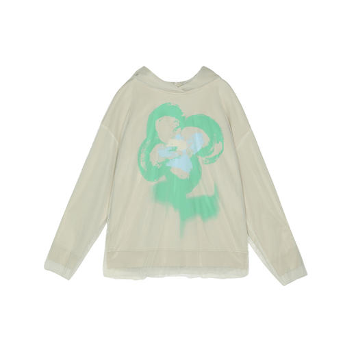 谜底连帽卫衣长袖女2025春新品双层拼接网纱设计感印花251MV0120 商品图4