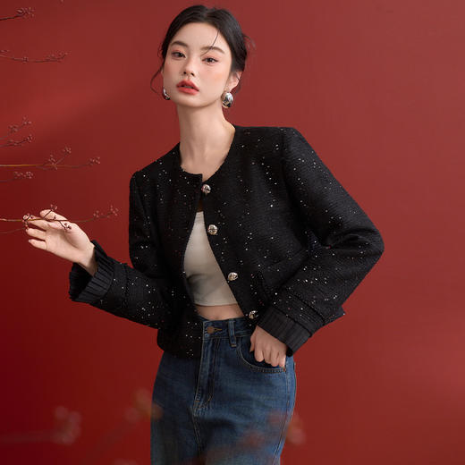 名媛千金风亮片细闪小香风外套女毛边圆领上衣V0150151 商品图4