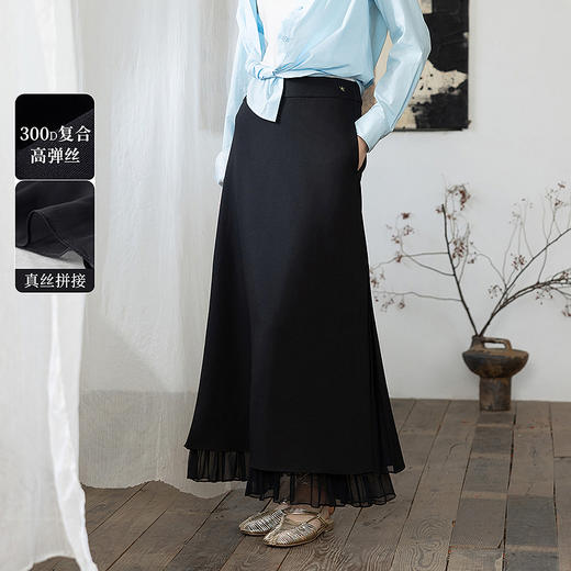 【林栖设计小店】黑色拼真丝半身裙新中式显瘦高腰百搭秋冬新品裙子女1933167 商品图0