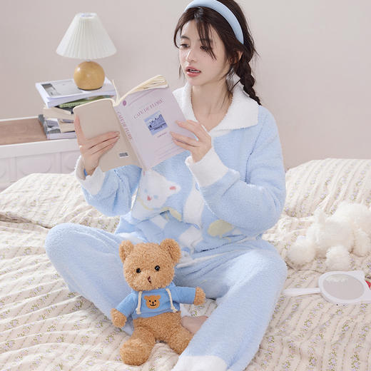 洁丽雅新款半边绒睡衣女冬季珊瑚绒加绒蓄热秋冬可外穿家居服套装 商品图2