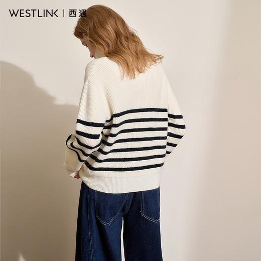 慵懒风黑白条纹拉链翻领毛衣女秋冬保暖针织衫上衣V4443592 商品图6