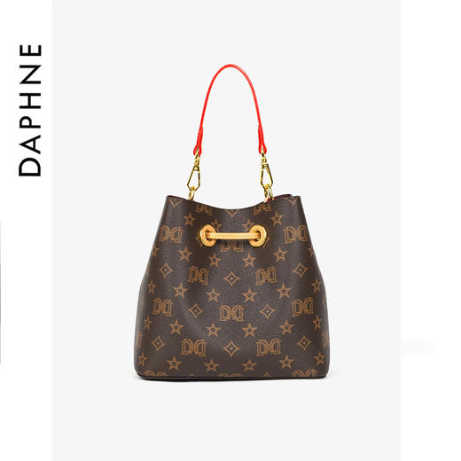 【达芙妮】老花抽绳水桶大容量斜跨女包DFN10278咖啡色 商品图2