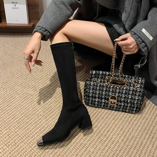 【预售7天】铁头粗跟弹力长筒靴秋冬新款女靴韩版时尚后拉链高筒靴单靴SLLK&sl-7775 商品图3